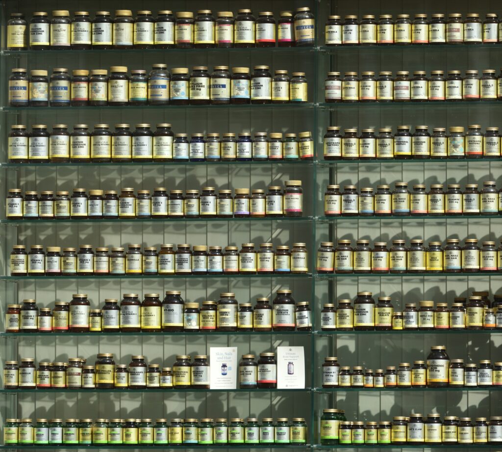 shelves lined with dietary supplements